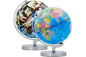 Exerz Mappamondo Illuminato 23cm, Mappa in Italiano, con Supporto in Metallo – Mappa Politica (Giorno) e Costellazioni Stellari (Notte) – Lampada LED 2 Senza Fili