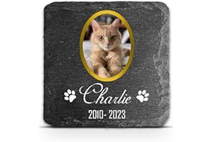 TULLUN Targa commemorativa personalizzabile per animali domestici, gatti, cani, in ardesia, con cornice in pietra e zampe, dimensioni 10,2 x 10,2 cm o 100 x 100 mm, cornice dorata