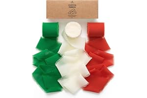 Vitalizart Cinta de Gasa de Seda Rojo & Blanco & Verde 3,8 cm x 19,2 m, Hecha a Mano con Flecos, Cinta Deshilachada para Invitaciones de Boda, Ramos de Novia, Envolver Regalos, Bricolaje