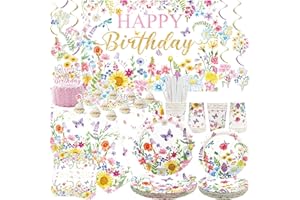 ENCETARDE Decorazioni di Compleanno a Fiori di Campo - Set Forniture Floreali con Piatti, Tazze, Tovaglioli, Tovaglia, Sfondo e Decorazioni per Torte da Appendere