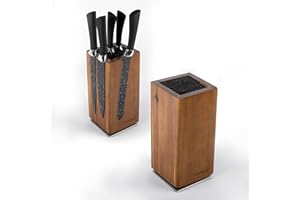 Exitoso NOUVEAU bloc à couteaux en acacia, orientable à 360 degrés avec aimants à l'extérieur et insert en poils amovibles - espace pour jusqu'à 20 couteaux | rangement sécuritaire des couteaux