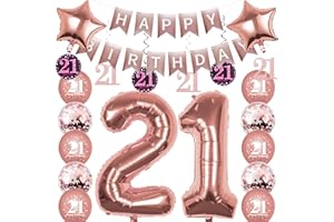 Pargleev 21st Birthday Decorations, 10PCS Rose Gold, Number 21 Foil Balloon, Happy Birthday Banner, Star Foil Balloons, Latex Balloons, Confetti, for Boys & Girls