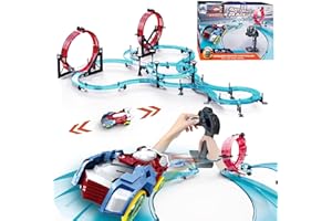 BUBUQE Slot Car Race Track Sets Electric Remote Control Racing Game Rechargable Magnetic Cars with Hand Controllers Circular Overpass Christmas Birthday Toys for Boys Kids Age 6 7 8-12