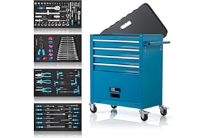 ‎NTG NTG Werkstattwagen gefüllt inkl. Werkzeug 70 Teile - 4 Schubladen + großes Fach + Kniekissen - Kugelgelagerte Schubladen - 2 Rollen m. Feststellbremse - Werkzeugwagen - PERFEKTE WERKSTATTORGANISATION