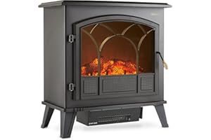 VonHaus Electric Stove Heater 1850W – Electric Fireplace – Indoor Log/Wood Burner Effect, Freestanding Fire, Portable, LED Flame, 2 Heat Settings, Adjustable Thermostat, Black – 2 Year Warranty
