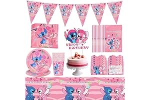 FGEN 63 Pièces Lilo Stitch Couverts de fête, Fournitures de Fête d'anniversaire, Inclure : Nappe, Assiettes, Gobelets en Papier, Garçon Fille Anniversaire Décoration Party Accessoires, 10 Invités