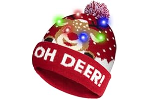 HOTUVEP Light Up Christmas Hat, Glow In The Dark Christmas Cap with Replaceable Battery, Unisex LED Santa Hats with 6 Colorful Lights, Xmas Beanie Knitted Hat Christmas Party Cap for Kids Adults