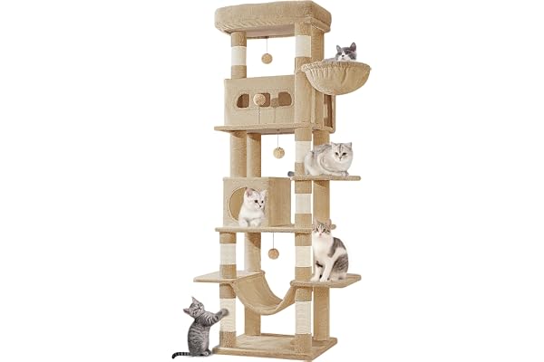 Hzuaneri 170 cm Grand Arbre à Chat, Tour à Chat pour Chats D'intérieur, avec Grand Perchoir, Tapis Lavable, 2 Niches Chats, 8 Griffoirs, Hamac, Pompons, Marron Camel MS17018LC