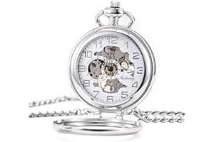 TREEWETO Steampunk - Reloj de bolsillo mecánico para hombres y mujeres, caja plateada, esfera de esqueleto con cadena y caja, plata, Retro
