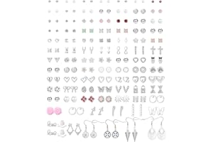 LOLIAS 90 Paires Acier Inoxydable Boucles D'oreilles pour Femmes Hommes Multipack Simple Mignon Bar Étoile Lune Triangle Fleur Arc CZ Boule Faux Perle Piercing Oreille Ensemble