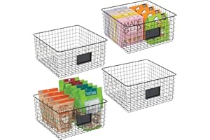 mDesign Juego de 4 Cajas Multiusos de Metal – Caja organizadora con Espacio para Poner Etiqueta para Cocina, despensa, etc. – Cesta de almacenaje de Alambre, compacta y Universal – Negro Mate