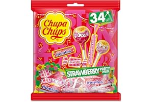 Chupa Chups - Strawberry Party Mix - Mix Bonbons À La Fraise - Chupa Chups, Mentos, Fruittella - À Partager - Idéal Pour Fêtes D'Anniversaires - Sachet de 34 Bonbons - Rose - 34 pièces