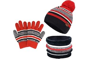 Bequemer Laden Enfants Hiver Tricoter Chaud Bonnet Chapeau Echarpe Gants Ensemble pour Garcon Fille 2-7 Ans avec Doublure Polaire Pompon