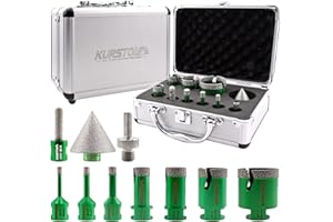 KURSTOL Forets Diamant Carrelage - 10 Pièces 6/8/10/20/25/35/50 Trépan de Forage+50mm Foret Chanfrein+10mm Fraise+Adaptateur pour Céramique,Porcelaine, Carrelage, Granit, Marbre