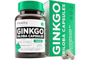 VITALITY BIORESEARCH Ginkgo Biloba Herbal Supplements 120mg, Pure Leaf's Ginkgo Biloba Extract Boosts Memory & Brain Cognitive Function - Vegan & Non GMO, 100 Ginkgo Biloba Capsules