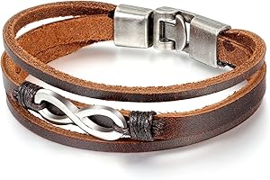 Flongo Pulseras Hombre Mujer, Retro multicapas de Cuero Trenzado, Símbolo Infinito Infinity, Pulsera de Buena Fortuna, Marrón 20.5cm