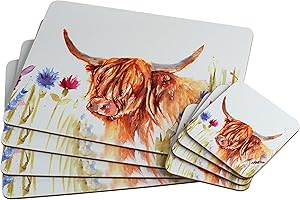 BWG Set of 4 Table Placemats & Coasters - Country Life Highland Cow