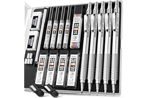 Nicpro Metal Mechanical Pencil Set, 5 PCS Art Drafting Pencils 0.3, 0.5, 0.7, 0.9 mm & 2mm Graphite Lead Holder For Sketching Drawing With 9 Tubes (4B 2B HB 2H Colors) Lead Refills Erasers Case