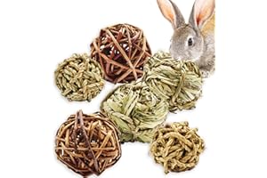 Hioph 6 Pcs Rabbit Chew Ball, Bunny Treats Chew Toys for Teeth, Small Animal Natural Timothy Grass Molar Ball, Guinea Pigs Activity Play Rattan Woven Balls