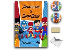 RXLITE Kit créatif de 10 Cartes d'invitation anniversaire à gratter thème Super héros en français: 10 cartons, 10 enveloppes blanches, 10 stickers et 10 autocollants dorés