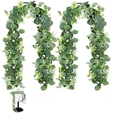 2 x Artificial Eucalyptus Garlands 1.8 m, Faux Eucalyptus Garland with White Flowers, Artificial Eucalyptus Garland, Green Eu