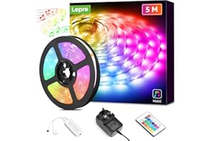 Lepro LED Strip Lights 5M Music Sync, 5050 RGB Colour Changing LED Strip with Remote, Sound Reactive, Dimmable Stick on Plug in LED Lights for Bedroom, Kitchen, Party, Teen Girl Kids Room Decor