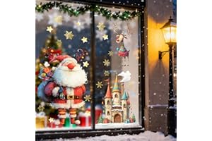 HIANJOO Ekstra duże naklejki na okna świąteczne, 90 cm * 30 cm Duże naklejki na okna świąteczne Mikołaj i renifer z zamkiem i płatkiem śniegu na dekoracje świąteczne, statyczne naklejki na okna, prezentacja