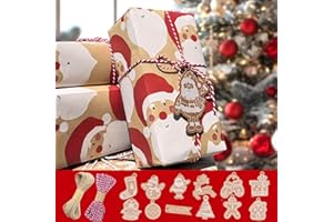 ZY-HUAN Rouleau de papier d'emballage de Noël 43x1500cm, papier d'emballage recyclable Kraft Xmas avec ruban, étiquettes de cadeaux de Noël, set de feuilles (Père Noël)
