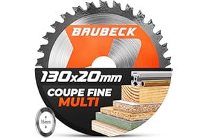 BAUBECK Lame de scie 130x16 + adaptateur 20 mm, 36T, 1,5 mm coupe fine dans le bois & l’aluminium compatible avec scies circulaires sans fil portatives et scies plongeantes, lame circulaire 130x16