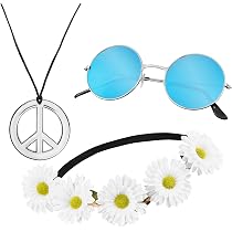 Hippie-Set Mit Blumen-Stirnband, Peace-Kette & Runder Sonnenbrille – 3-teilig, 70er Jahre Look