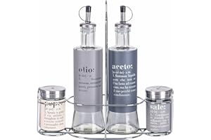 Villa d'Este Home Tivoli Set condimento olio, aceto, sale e pepe in vetro e acciaio inox, stand in acciaio, grigio, Victionary