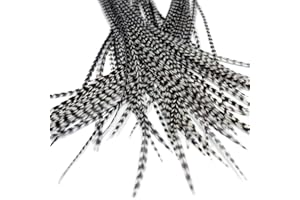 ‎ONE FINE DAY FEATHERS 25 Real Feather Hair Extensions: Short Skinny 7-9 inch (18-23cm) + Rings/Loop (All Grizzly)