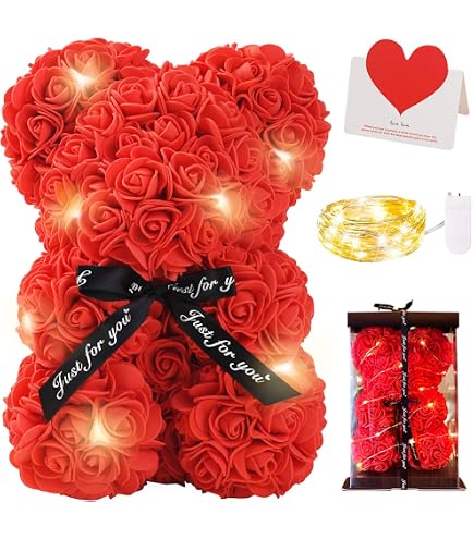 Ours En Peluche Rose En Fleurs Artificielles - 25.4 Cm - Blanc Laiteux - Boîte Cadeau Transparente