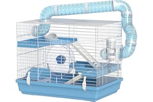 PawHut Cage pour Hamster Portable, Cage Hamster avec cabane, gamelle, Roue de Course, Bouteille d'eau, perchoirs, échelles, système de tuyaux, 47,5 x 31,5 x 29,5 cm, Bleu Clair