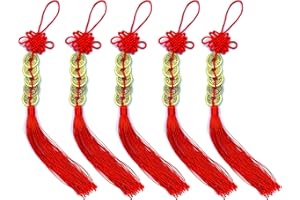 BOBOZHONG 5 PCS Encantos de Monedas de Suerte Cinco Monedas Chinas Feng Shui Borla Colgando Moneda de La Fortuna con Nudo Chino Rojo I-Ching Suerte Cobre para Salud Éxito Riqueza