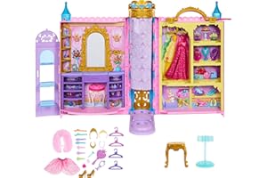 Mattel Disney Princess Closet Playset with 2 Fashions, 25 Accessories, Vanity, Dressing Room, Runway & Storage, Opens to 2 Feet, Movie-Inspired, HXC20, Gift Set Ready for the Ball