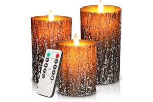 Cimetech Flamlösa, 3 LED-ljus, furu, bark, cover pelare, björkeffekt, äkta vax, flimrande, batteridrivna LED-ljus, uppsättnin