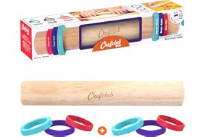 Chefclub Kids - Rouleau à Pâtisserie Ajustable en Bois - 3 Anneaux en Silicones Amovibles pour 3 Différentes Épaisseurs de Pâtes - 7mm, 5mm et 3mm - Des Recettes Inclus - Dès 4 ans
