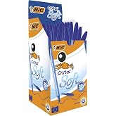 BIC Cristal Soft T&uuml;kenmez Kalem, Mavi, 50'li Kutu, 1.2 mm Orta Kalınlıkta U&ccedil;, Şeffaf G&ouml;vde, Delikli Kapak