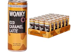 WONKY COFFEE Wonky Iced Caramel Latte - Sustainable 24 Canned Drinks- Rescued Ice Coffee Bulk Drinks- Smooth & Refreshing Ready to Drink Premium Iced Coffee Multipack 24x250ml