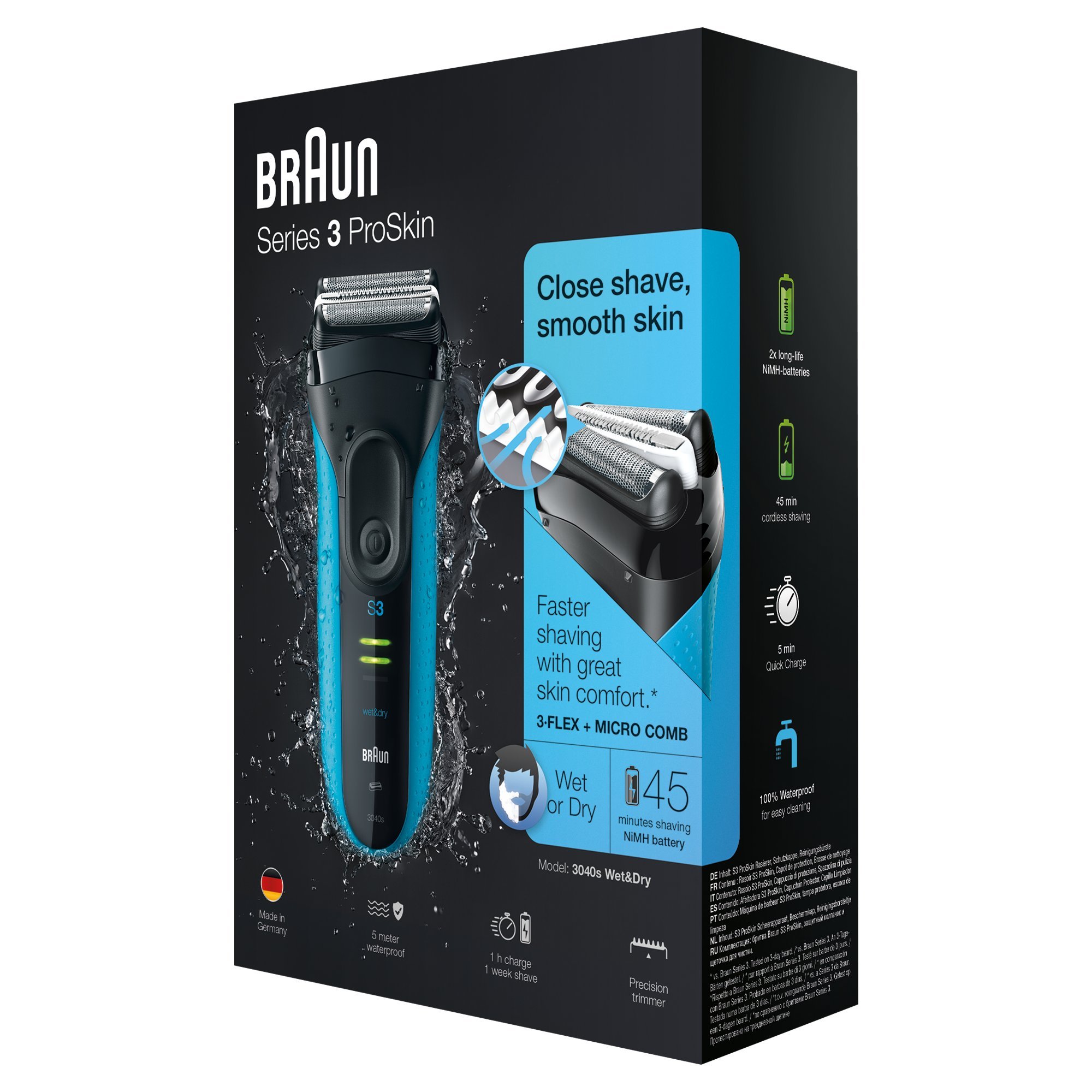 Braun-Series-3-ProSkin-3040s-Afeitadora-elctrica-para-hombre-mquina-de-afeitar-barba-inalmbrica-y-recargable-WetDry-color-negro-y-azul