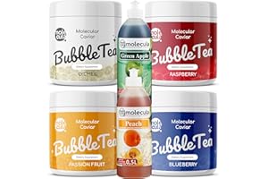 MOLECULA MOLECULA MOLEKULARNA FABRYKA SAMKU Popping Boba Molecula Bubble Tea Zestaw 4x Perełki Owocowe, Liczi, Malina, Marakuja i Borówka 2x Syrop Jabłko i Brzoskwinia Kubki, Słomki Popping Boba