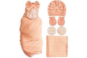 AQOKKA Newborn Receiving Blanket with Bow Hat Mittens Wooden Card Set Wheat-Pattern Newborns Toddler Baby Boy Girl Nursery Swaddle Wrap