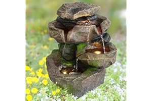 AMUR Fuente de jardín de 230 V, Fuente Ornamental, Fuente de jardín, jardín, terraza, Estanque, balcón, Muy Decorativa, Nexos Trading - Fuente de jardín con luz LED (Piedra), Color Negro