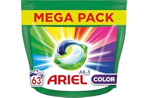 Ariel All-In-1 Pods, Kapsułki do Prania 63 Prań, Color, Optymalne Usuwanie Zabrudzeń Nawet w Niższych Temperaturach i Krótszych Cyklach