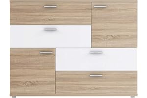 ‎FORTE FORTE Skive Kommode mit 2 Türen und 4 Schubladen, Holzwerkstoff, Sonoma Eiche/ Weiß, 124.9 x 41.3 x 95.9 cm
