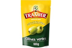 Tramier Olives Vertes Dénoyautées (1 x 100 g), olives de table provenant d'Espagne, olives dénoyautées idéales pour recettes cuites ou crues