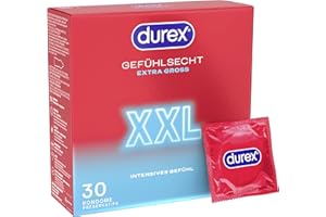 ‎DUREX Durex Gefühlsecht XXL Kondome – Dünne Kondome mit großer Passform & mit Silikongleitgel befeuchtet, transparent, angenehmer Geruch - für einen komfortablen Sit – 30er Pack (1 x 30 Stück)