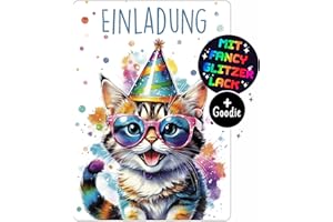CALLUNA PRODUKTE MIT HERZ CALLUNA® Katze GLITZER Einladungskarten Kindergeburtstag Mädchen - 12 Stück - Witzige Alpaka Geburtstag Einladungen mit echtem Glitzerlack - Einladungskarten Teenager Mädchen
