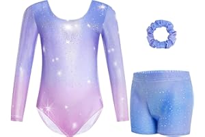 Gogokids, Completo da ginnastica bambina composto da tre pezzi, body senza maniche, pantaloncini e fascia per capelli, tuta danza classica scintillante, con design a colori sfumati, dai 3 ai 12 anni